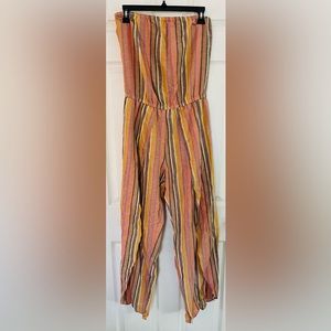 Anthropologie DREW Jumpsuit Women’s Size Small Linen Striped Strapless Leg Vents